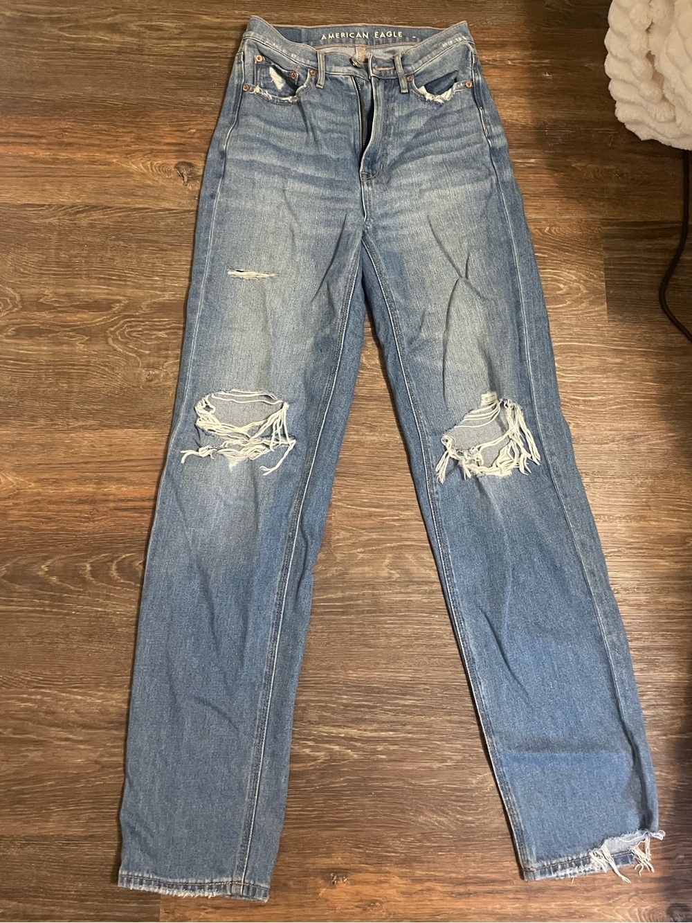 American Eagle Outfitters Blue Distressed Straight-Leg Jeans